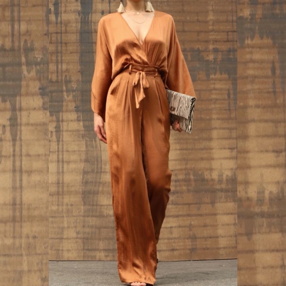Burnt Orange Satin Jumpsuit with Tie Belt